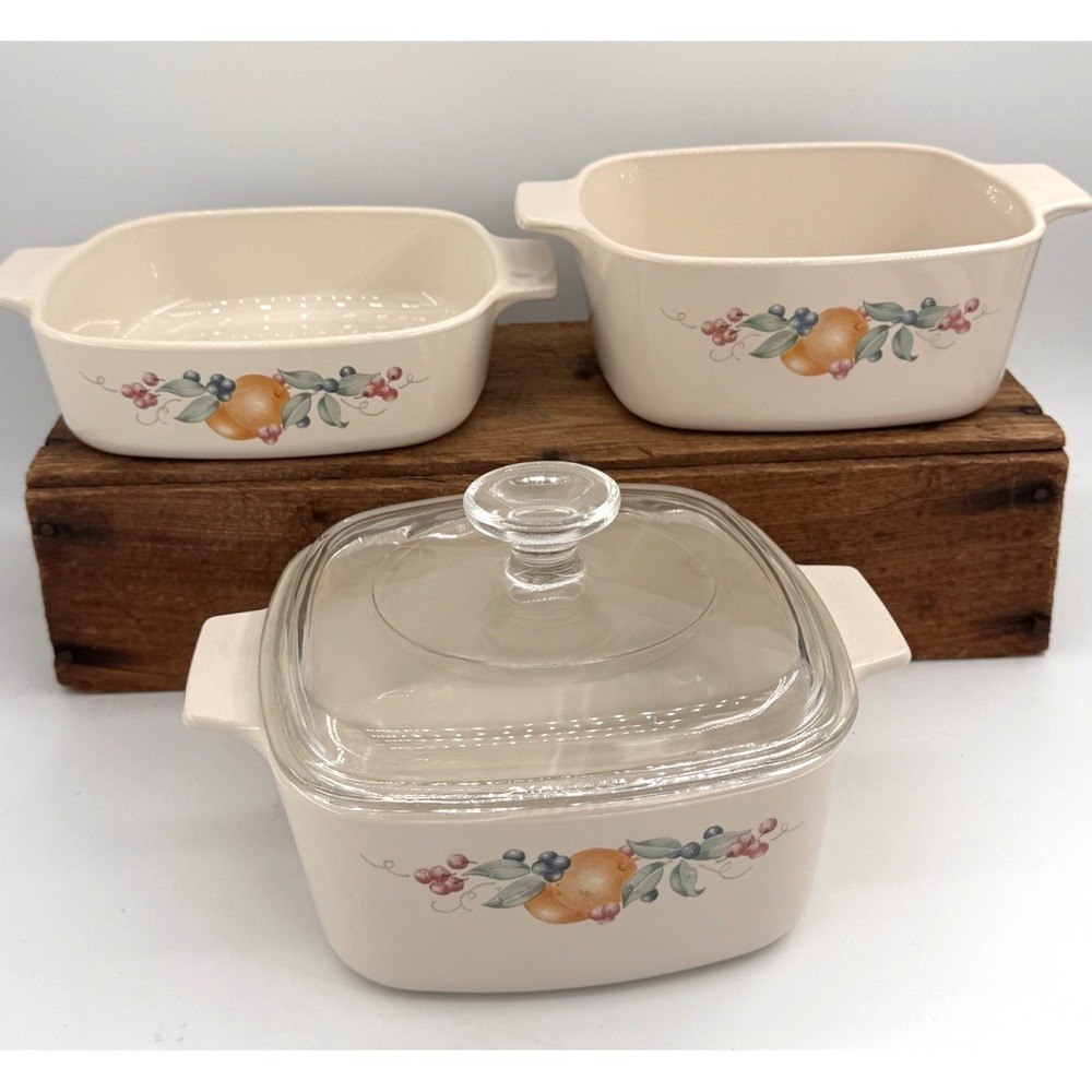Corning Ware Beige Fruit Garland 4pc Set A-1-B + 2 A-1 1/2-B + Pyrex Lid‎ VTG